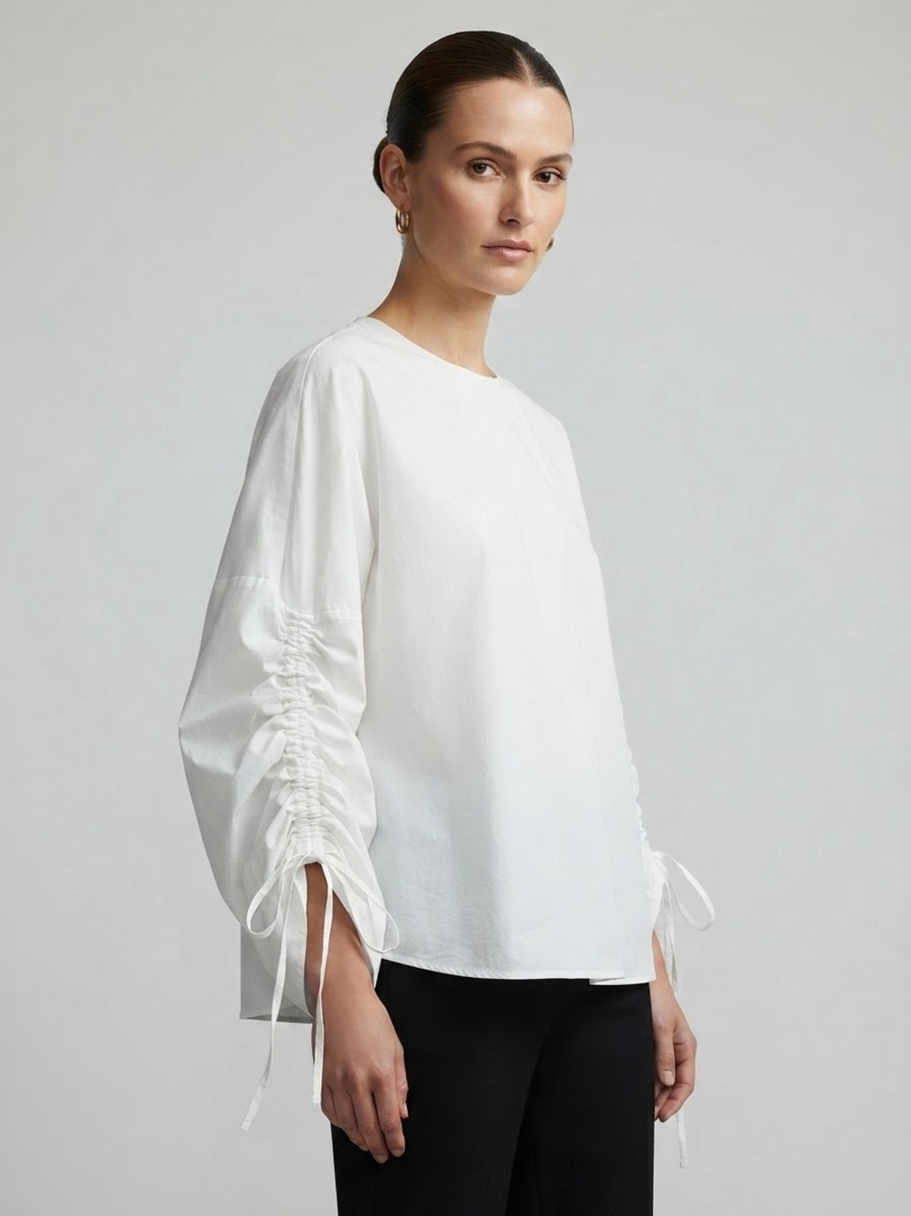 Tibi White Ruched Tie-Sleeve Blouse